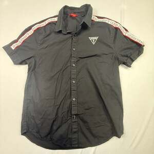 Guess Denim Logo Tape Short Sleeve Button Down Shirt Black Size M